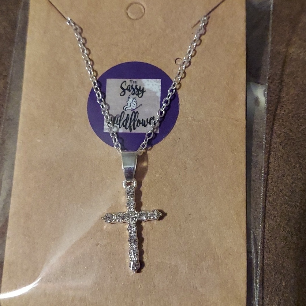CRYSTAL Cross Pendant on Silver Necklace
